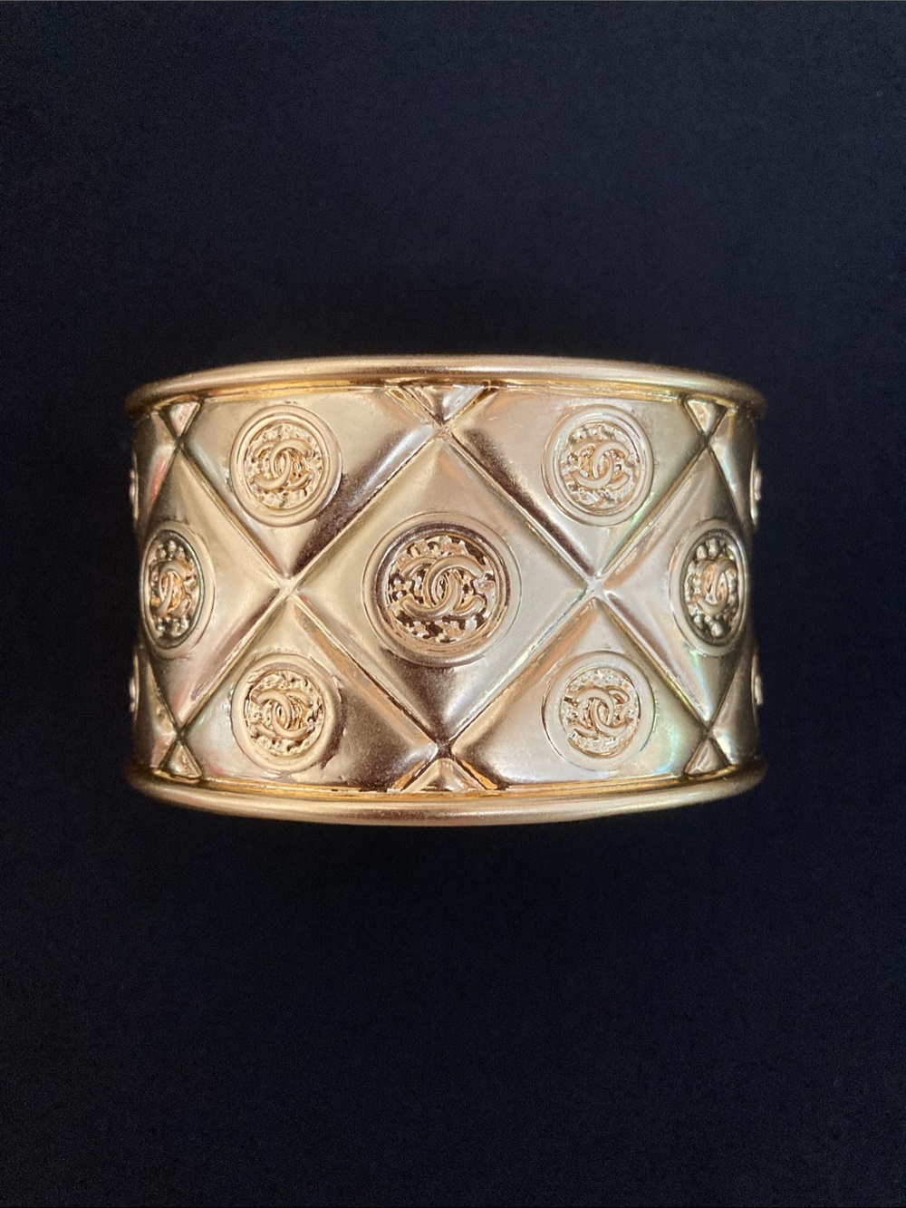 CHANEL Gold Quilted Medallion Cuff Bracelet